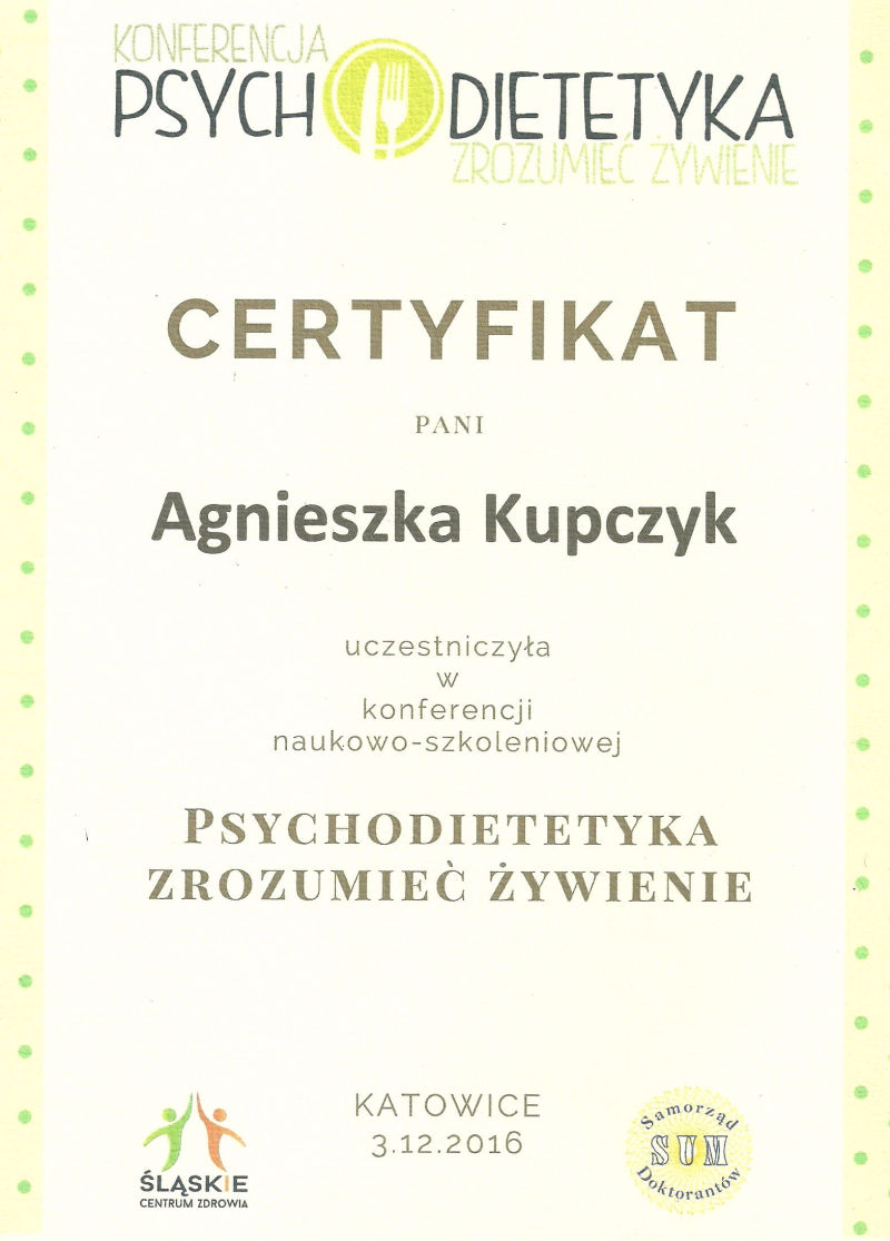 Certyfikat dietetyk Agnieszka Kupczyk