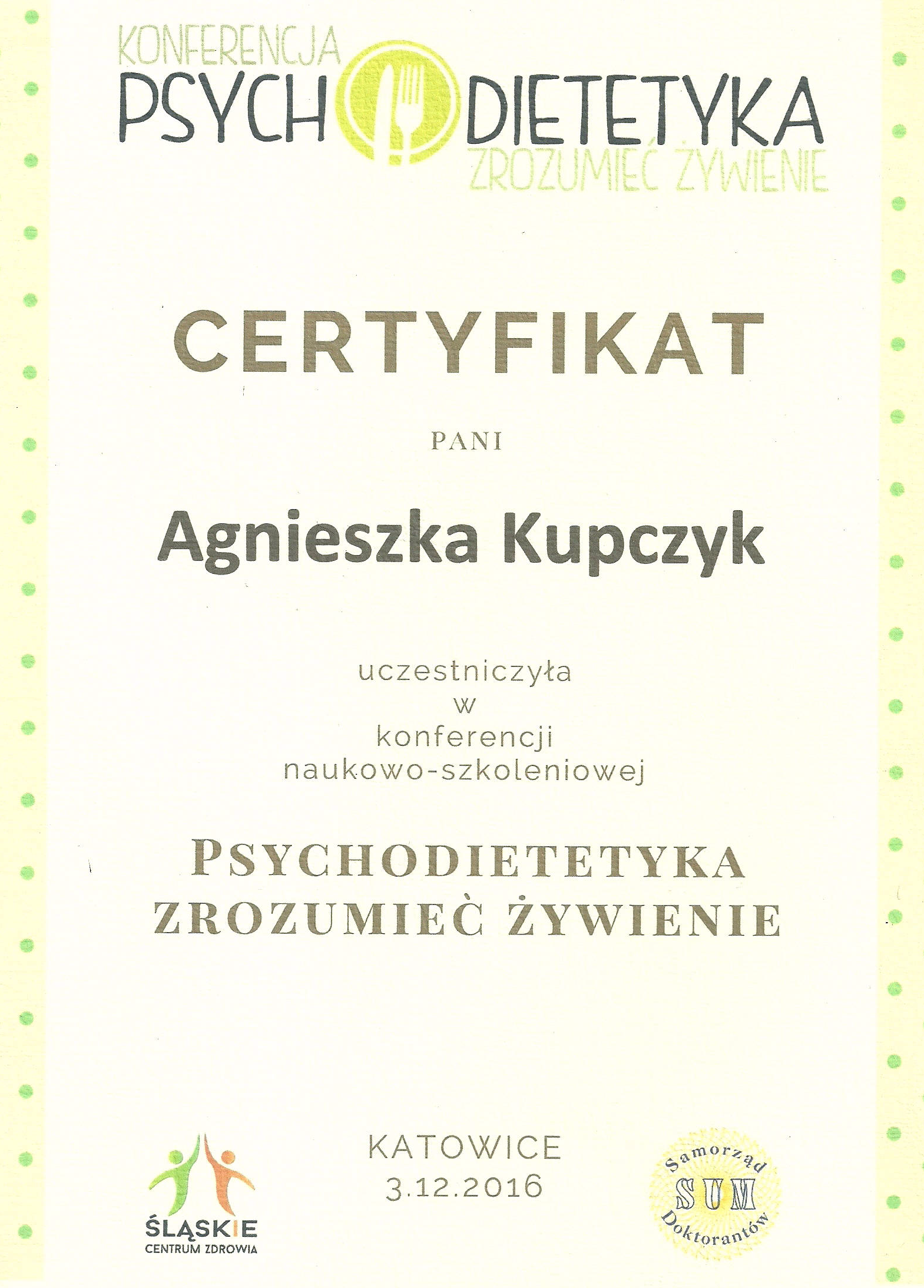 Certyfikat dietetyk Agnieszka Kupczyk